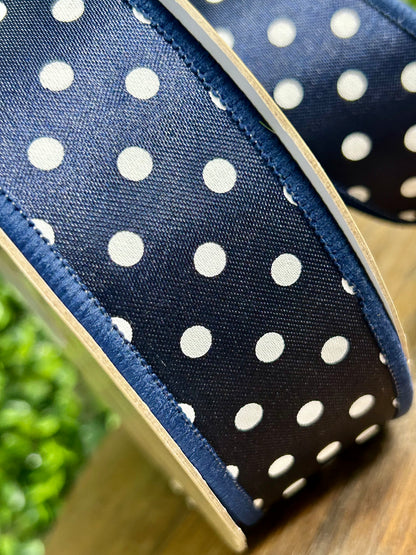 1.5 Inch By 10 Yards Navy Blue And White Polka Dot With Stripe Backing Fused Ribbon