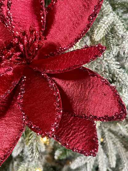 20 Inch Burgundy Satin And Glitter Poinsettia