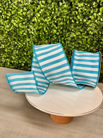 2.5 Inch By 10 Yard Turquoise And White Cabana Stripe Dupioni Ribbon
