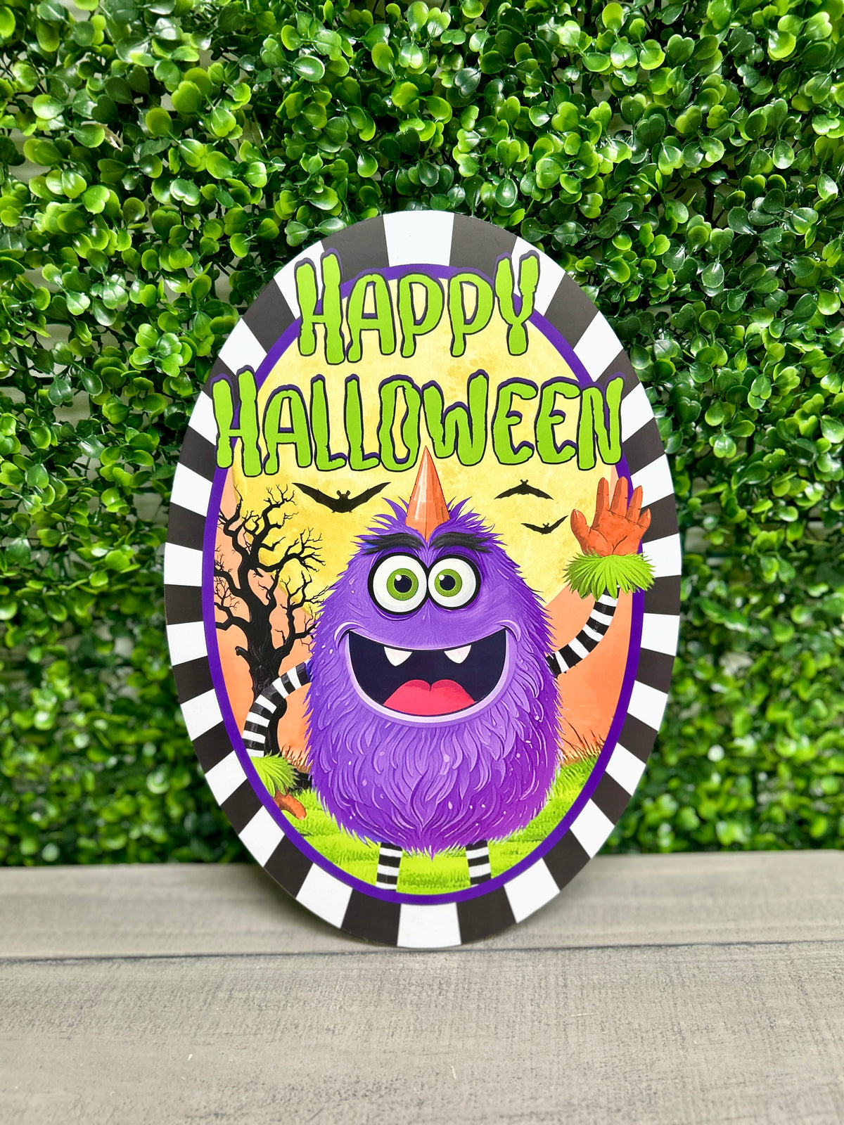 13 Inch Oval Happy Halloween Monster Wood Sign