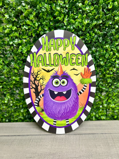 13 Inch Oval Happy Halloween Monster Wood Sign