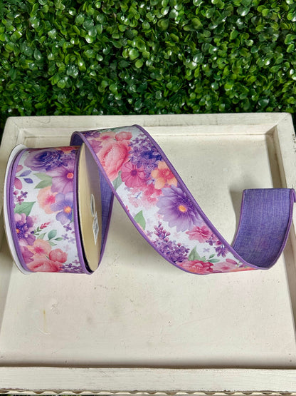 2.5 Inch By 10 Yard Watercolor Florals Ribbon