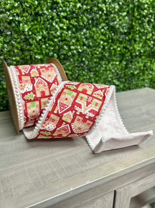 4 Inch By 10 Yard Gingerbread Houses On Red With White Backing Ribbon