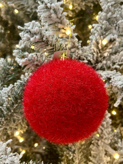 4 Inch Red Flocked Glitter Ornament Ball