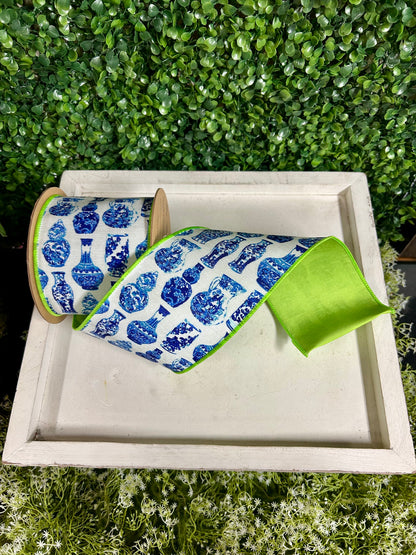 4 Inch By 10 Yard Blue And White China Pots With Lime Green Backing Dupioni Ribbon