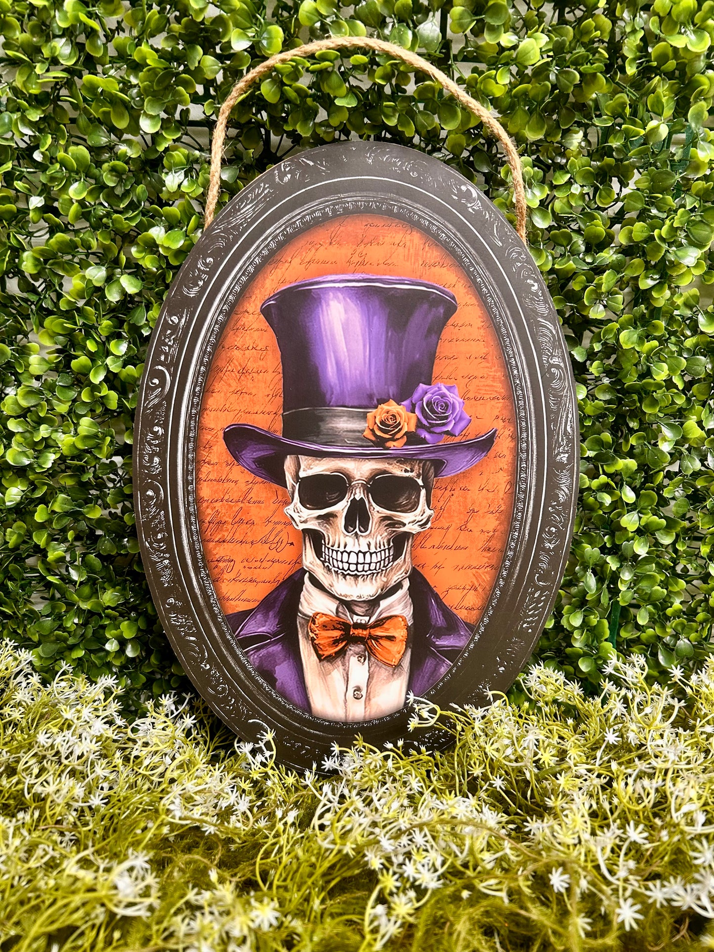 13 Inch By 9 Inch Purple Orange And Black Skeleton Portrait Wood Sign