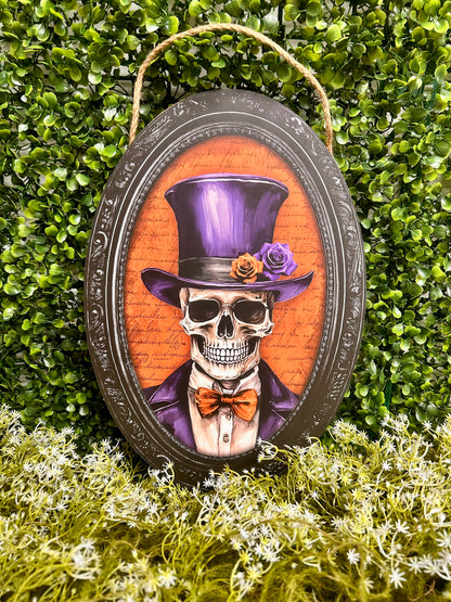 13 Inch By 9 Inch Purple Orange And Black Skeleton Portrait Wood Sign