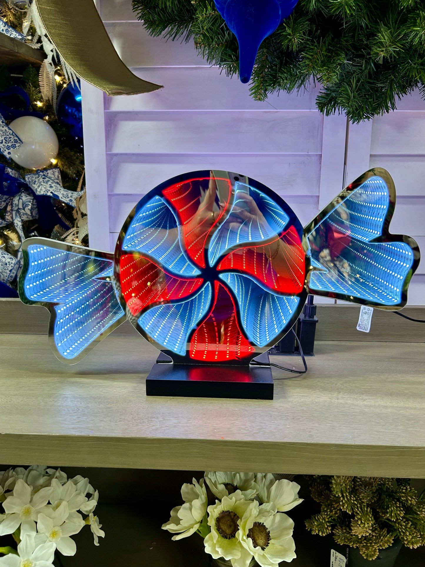 21.5 Inch Electric Infinity Lighted Candy And Candy Cane With Wood Base Two Styles