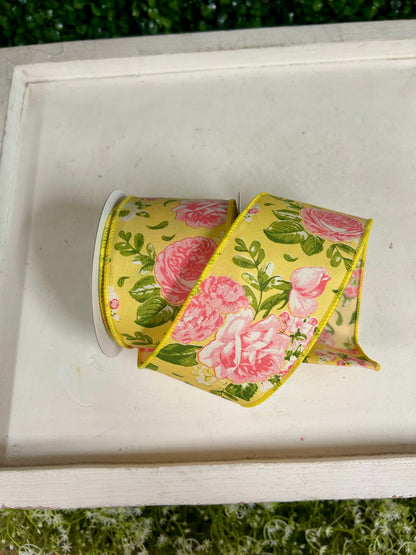 2.5 Inch By 10 Yard Pink Green And Yellow Floral Ribbon