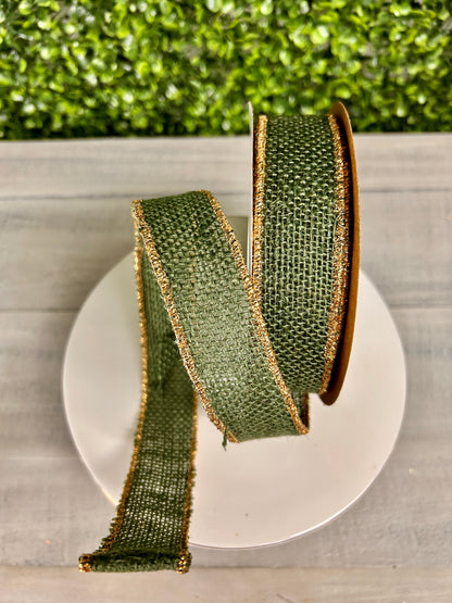 1 3/8 Inch By 10 Yard Hunter Green Burlap With Gold Edge Ribbon