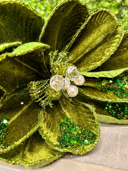 22 Inch Moss Green Glitter Sequin Bead Magnolia Stem