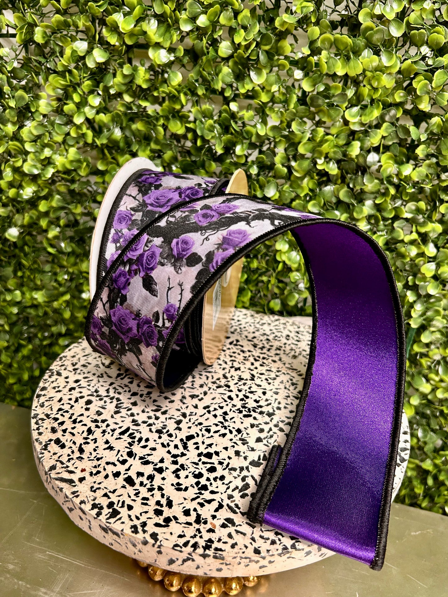 2.5 Inch By 10 Yards Violet And Lilac Roses And Vines Fused Ribbon