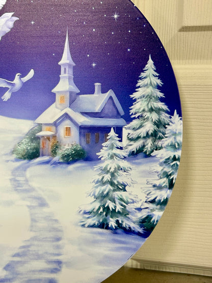 12 Inch White Blue And Green Angel Winter Scene Metal Sign