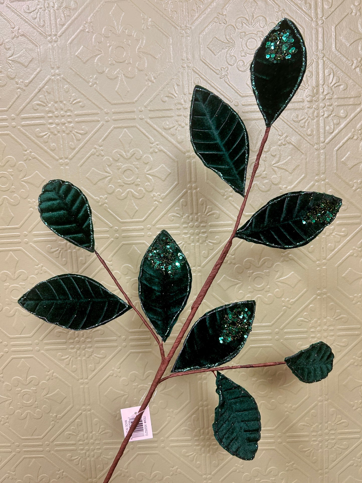 27 Inch Hunter Green Velvet And Glitter Magnolia Leaf Spray