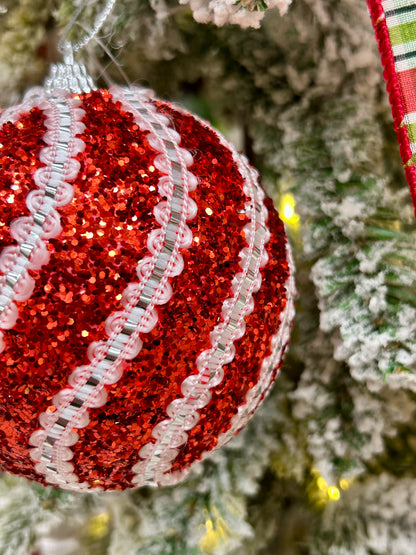 4 Inch Red And White Ball Ornament