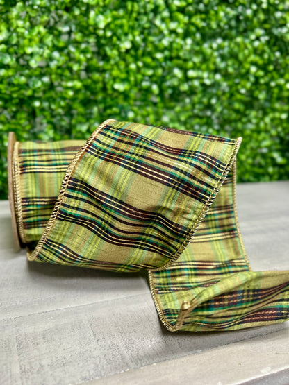4 Inch By 10 Yard Green Metallic Plaid Ribbon