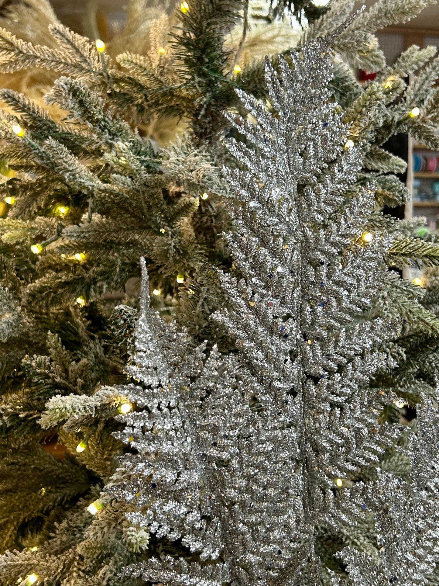 32 Inch Silver Shimmery Glitter Fern Spray