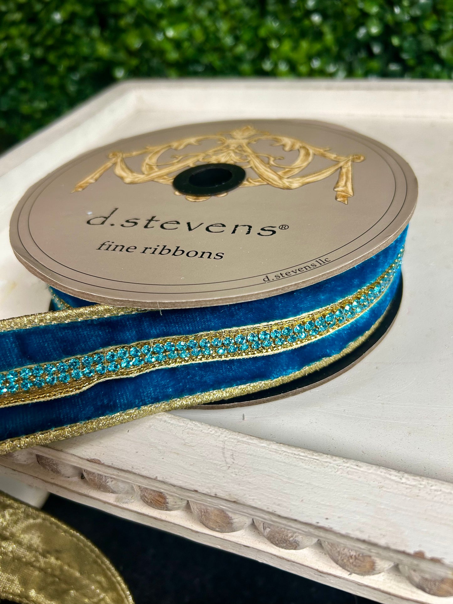 1.5 Inch By 5 Yards Teal And Gold Velvet With Jewel Center Ribbon