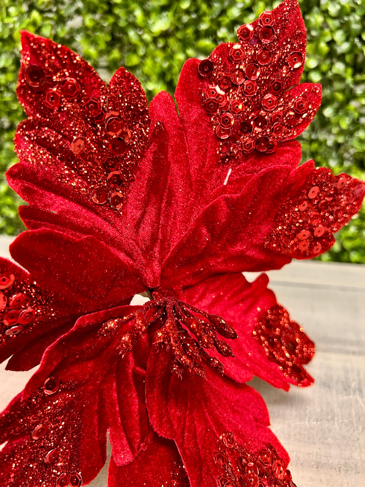9 Inch Wavy Cut Velvet Poinsettia Leaf Stem