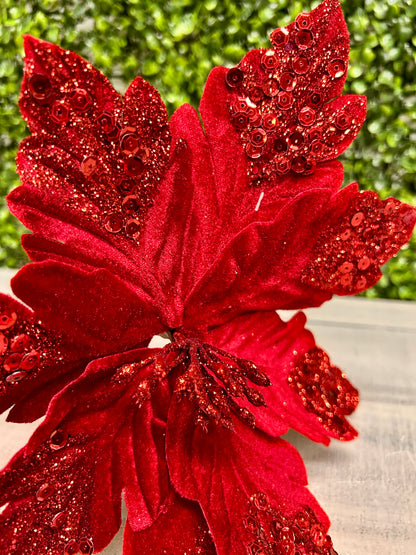 9 Inch Wavy Cut Velvet Poinsettia Leaf Stem