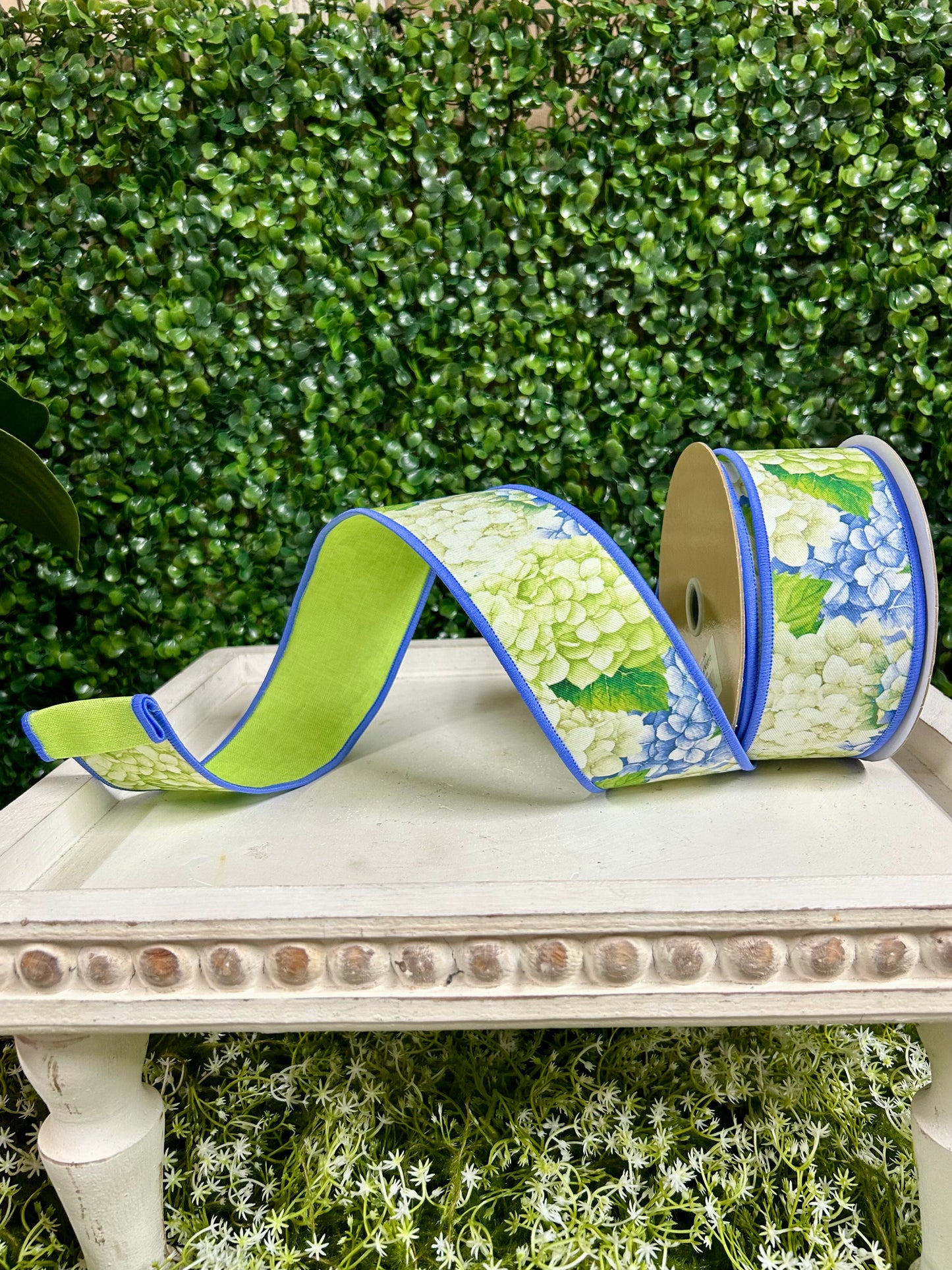 2.5 Inch By 10 Yard Blue And Green Hydrangea Fused Ribbon