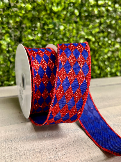 1.5 Inch By 10 Yards Royal Blue And Red Glitter Harlequin Ribbon