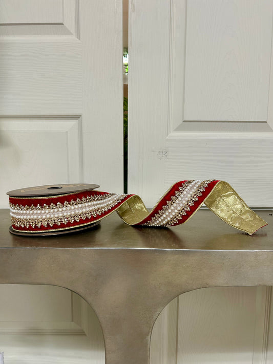 2.5 Inch By 5 Yards Red Velvet Jewel And Pearl Center Ribbon