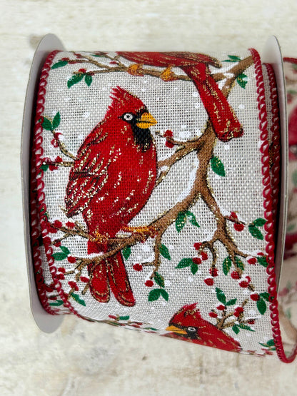 2.5 Inch By 10 Yard Red Cardinal On A Snowy Red Berry Tree With Burlap Background Red Edging Ribbon