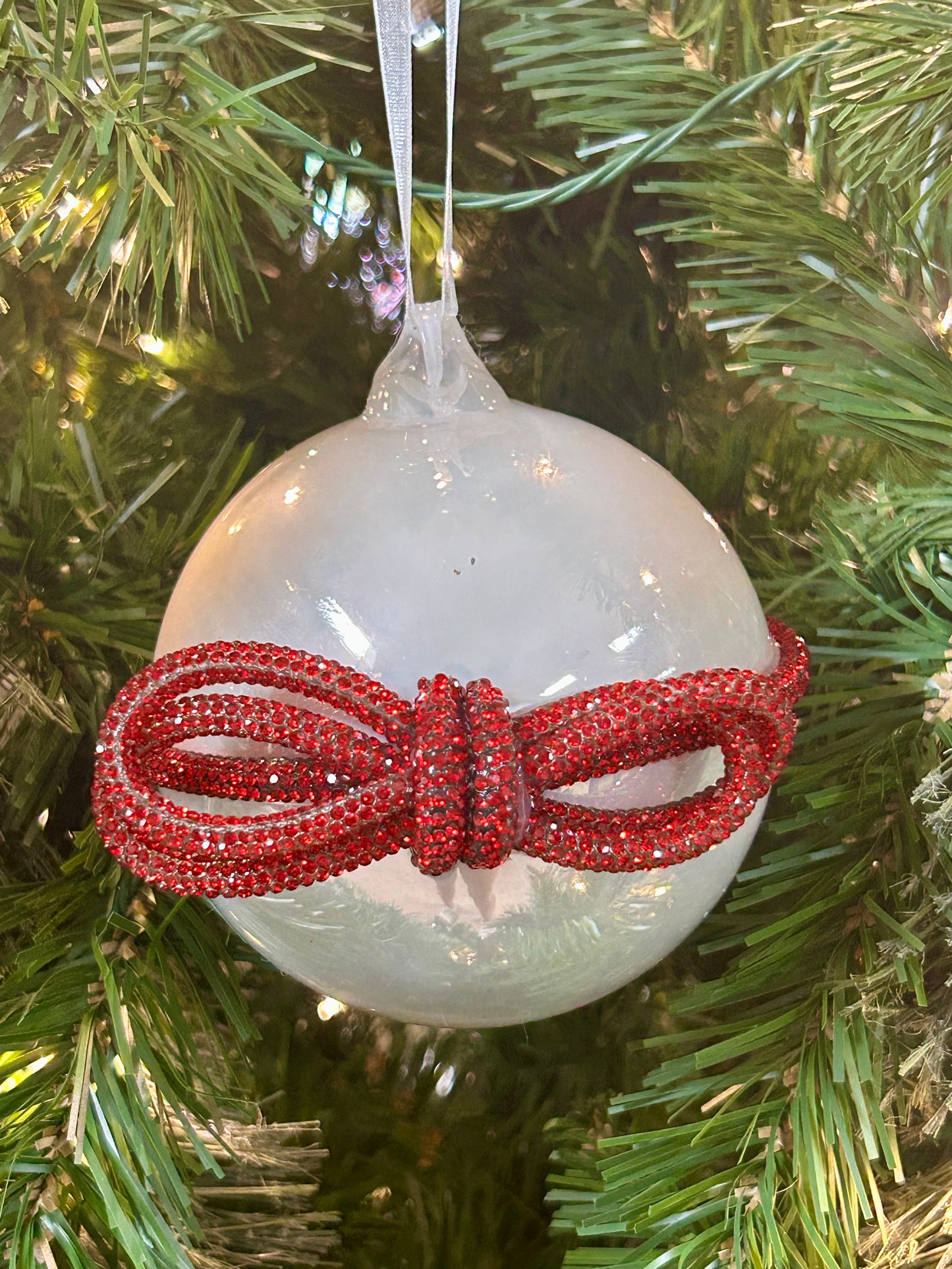 4 Inch Pearl White Glass Ball Ornament With Red Diamond Bow