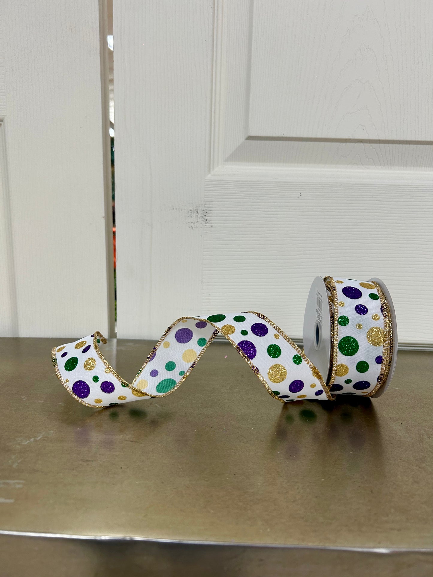 1.5 Inch By 10 Yard Purple Green And Gold Polka Dot Ribbon