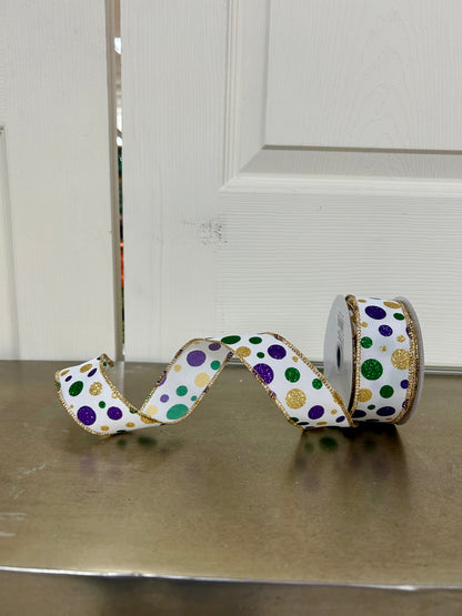 1.5 Inch By 10 Yard Purple Green And Gold Polka Dot Ribbon
