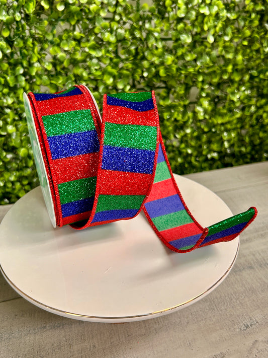 1.5 Inch By 10 Yard Red Emerald And Royal Blue Horizontal Glitter Stripes Ribbon
