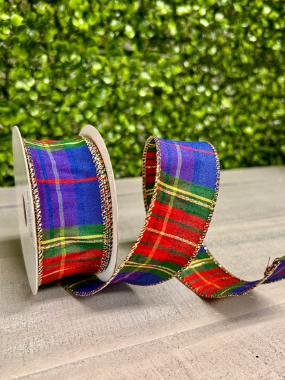 1.5 Inch By 10 Yard Royal Blue Green Red Yellow Dupioni Plaid Ribbon