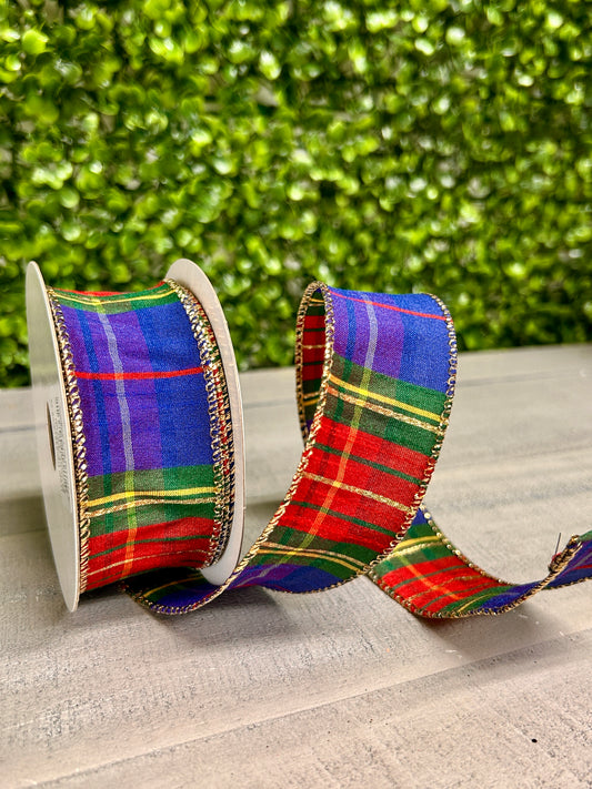 1.5 Inch By 10 Yard Royal Blue Green Red Yellow Dupioni Plaid Ribbon
