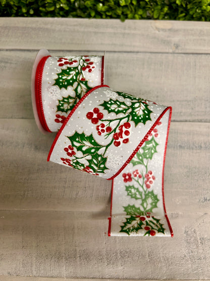 2.5 Inch By 10 Yard Holly Berries In Snow Ribbon