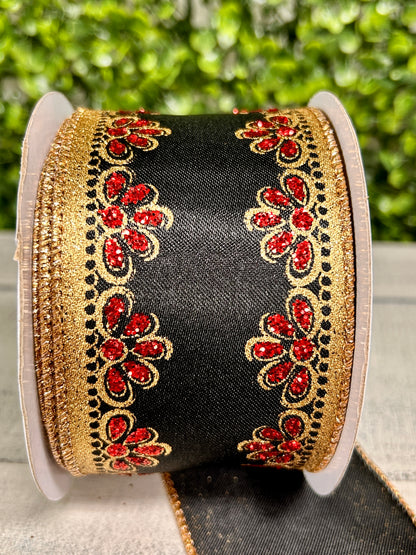 2.5 Inch By 10 Yard Black Gold And Red Lux Scallop Trim Ribbon