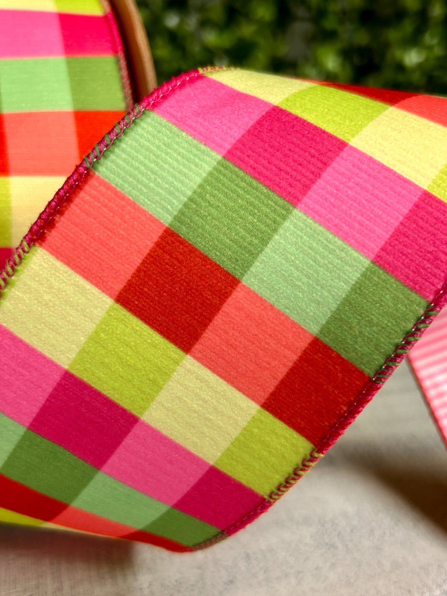 2.5 Inch By 10 Yard Flourescent Pink Green Plaid With Pink Stripe Back Ribbon