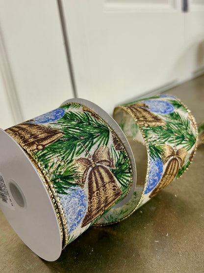 2.5 Inch By 10 Yard Gold Burnished Bells And Dusty Blue Ornaments On Natural Linen Ribbon