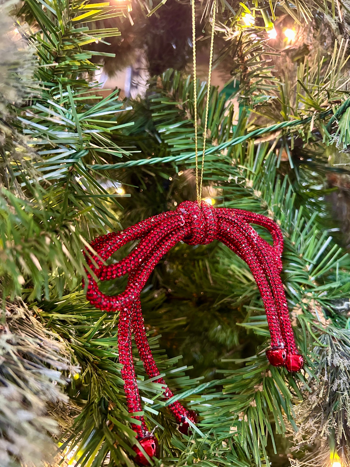 5.5 Inch Red Sparkle Bow With Bells Ornament