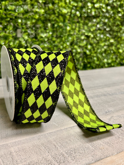 1.5 Inch By 10 Yard Fresh Green And Black Glitter Harlequin Ribbon