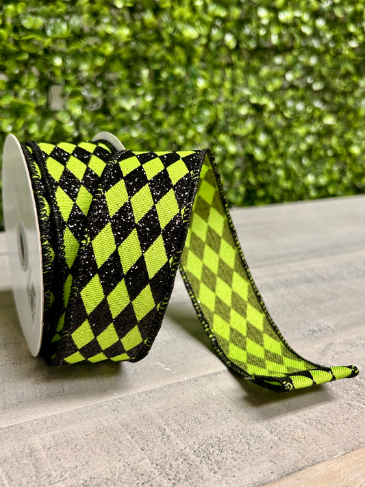 1.5 Inch By 10 Yard Fresh Green And Black Glitter Harlequin Ribbon