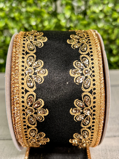 2.5 Inch By 10 Yard Black Gold And Champagne Lux Scallop Trim Ribbon
