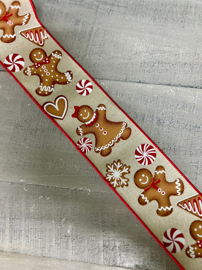 2.5 Inch By 10 Yard Cream Red And Brown Gingerbread Ribbon