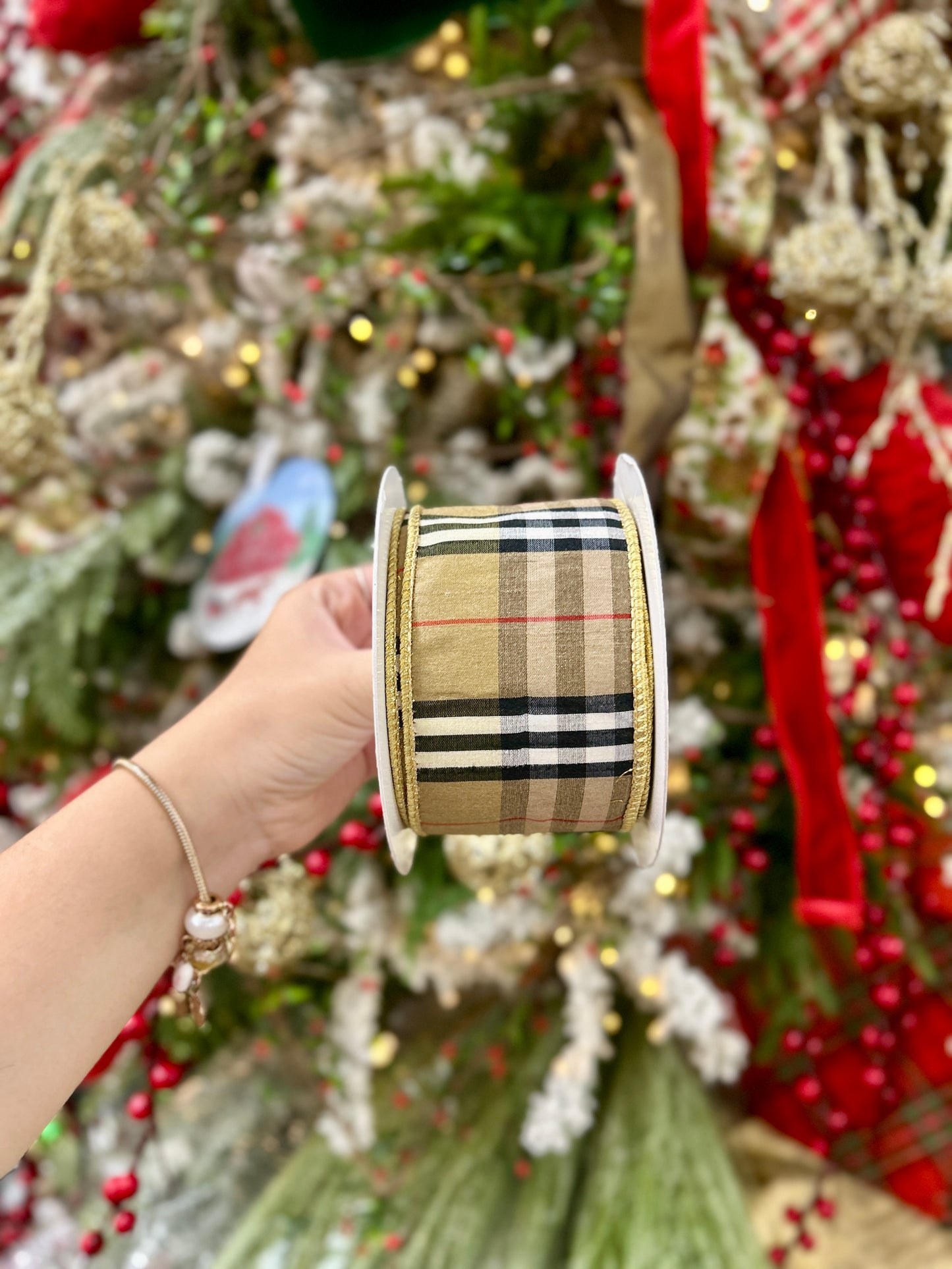 2.5 Inch By 10 Yard Black And Tan Plaid With Gold Back Ribbon
