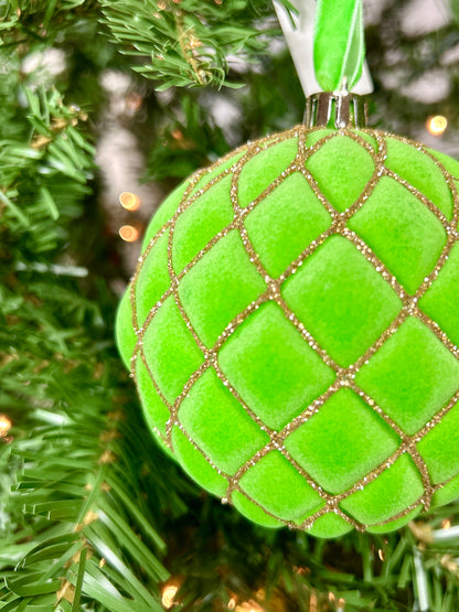 4 Inch Apple Green Flocked Ornament Ball With Glitter