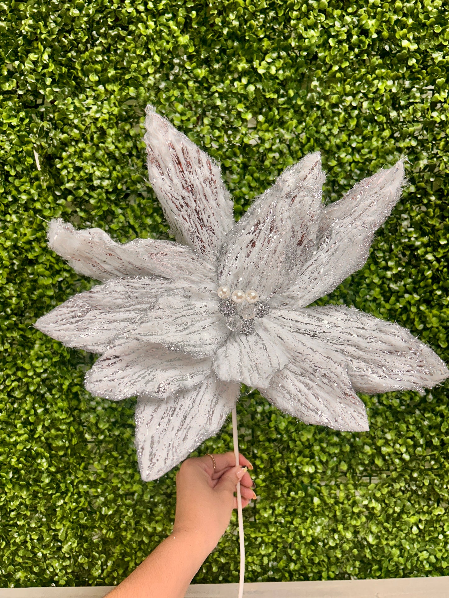 22 Inch White And Silver Poinsettia