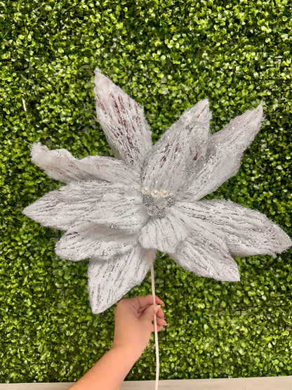 22 Inch White And Silver Poinsettia