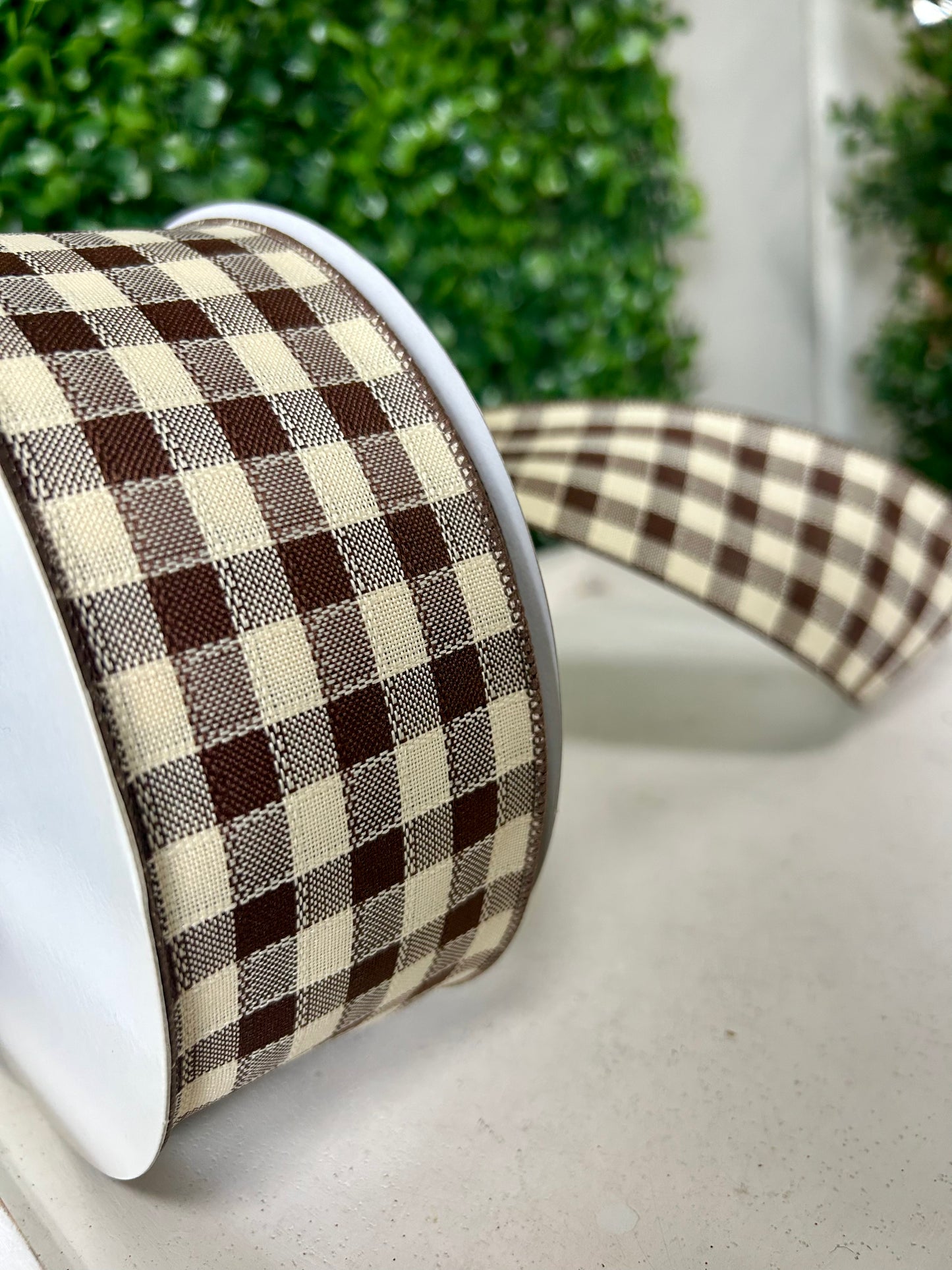 2.5 Inch By 50 Yard Brown And Cream Woven Small Check Ribbon