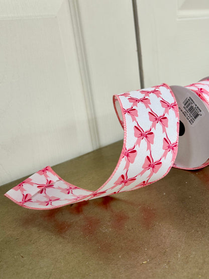 2.5 Inch By 10 Yard Pink Bows On White Background Ribbon