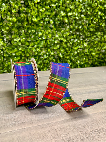 1.5 Inch By 10 Yard Royal Blue Green Red Yellow Dupioni Plaid Ribbon